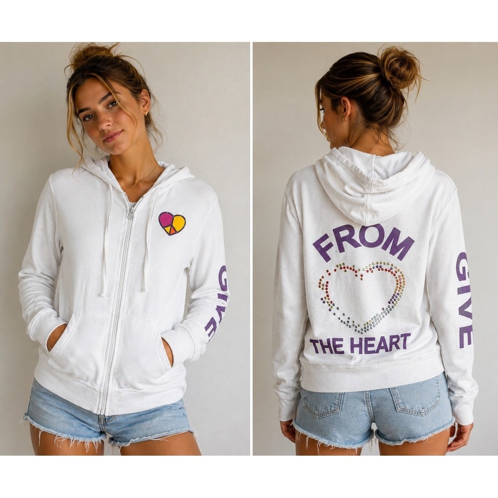 Zip Up Hoodie Womens L White Give From The Heart Rhinestone Peace Graphic